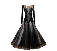 Hynyjxjy ,Negro,XXL, Vestidos De Baile De Salón De Manga Larga para Mujer Conjunto De Baile De Vals con Pedrería Trajes De Baile De Foxtrot De Cuello Redondo Ropa De Baile De Tango con Gran Vuelo