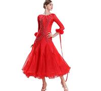 Hynyjxjy Rojo,L, Vestidos De Baile De Salón Ropa De Competición De Vals con Empalme De Malla para Mujer Trajes De Baile De Moderno con Pedrería Traje De Baile Flamenco con Gran Swing