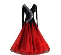 Hynyjxjy ,Rojo,M, Vestidos De Baile De Salón con Cuello En V para Competición Conjunto De Baile De Vals para Mujer Ropa De Baile De Tango con Pedrería Ropa De Baile De Flamenco De Gran Vuelo