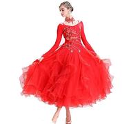 Hynyjxjy ,Rojo,M, Vestidos De Baile De Salón para Mujer Ropa De Bailes De Estándar Internacional con Pedrería Conjunto para Competición De Vals Vestuario De Baile De Moderno con Gran Vuelo
