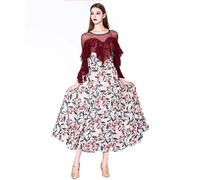 Hynyjxjy ,Rojo,S,Vestidos De Baile De Salón De Manga Larga para Mujer Vestuario para Competiciones De Vals De Estampado Conjunto De Baile De Estándar Internacional Ropa De Tango con Gran Vuelo
