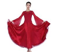 Hynyjxjy ,Rojo,XXL,Vestidos De Actuación De Baile De Salón para Mujer Ropa De Vals De Manga Larga Trajes De Danza De Moderna con Paneles De Malla Atuendo para Foxtrot con Gran Vuelo