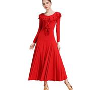 Hynyjxjy ,Rojo,XXL, Vestidos De Baile De Salón De Manga Larga para Mujer Ropa De Práctica De Vals con Cuello Redondo Trajes De Danza Moderna con Volantes Atuendo De Baile Salsa con Gran Vuelo