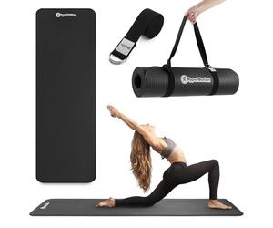 HyperMotion Esterilla Yoga y Fitness NBR 183x61x0,8 cm Negro, Antideslizante 8 mm, con Correa para Transporte y Estiramientos, para Yoga, Pilates y Entrenamiento