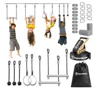 HyperMotion Slackline Ninja - Juego de obstáculos para niños, 7 obstáculos con ruedas mono, puño y varillas, con capacidad de carga de hasta 113 kg, para jardín, juego de movimiento para exteriores