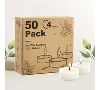 Hypmis Velas de Té de Cera de Soja, 50 Unidades, 4 Horas de Combustión, Sin Perfume y Sin Humo, Blancas con Cápsula Acrílica para Decoración y Bodas