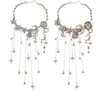 HYPYXUS Collar de borla con múltiples colgantes de estrellas de la luna del sol, colgante de flecos de pentagrama de media luna con borlas de cascada de cristal, joyería vintage para mujeres (2PcsA)