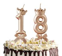HYRKOTW 2 velas de cumpleaños número 18 en 3D color oro rosa, vela para pastel con forma de corona de mariposa, decoración para fiestas de cumpleaños para niñas y niños (números 1 y 8).