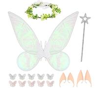 Hysagtek 17 unidades de alas de hada, disfraz de cosplay, accesorios para niñas y mujeres, alas de mariposa brillantes con orejas de elfo, corona de flores, varilla de estrella, cumpleaños, fiesta