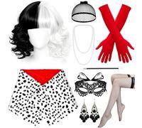 Hysagtek Disfraz de Cruella de Vil - 9 piezas negro y blanco Cruella Deville Disfraz Mujer con peluca Máscara Cadena de Perlas Pendientes Bufanda Barra de Cigarrillo Medias de Red para Carnaval