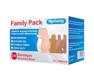 Hysimedy Paquete de 210 vendas adhesivas de tela flexible, resistentes e impermeables, de silicona, en varios tamaños, vendas para nudillos para pieles sensibles