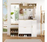 HYSZ 139,5 × 35 × 166 cm, juego de 4 piezas, perchero, perchero, con zapatero, banco, perchero de pared y espejo, para pasillo, entrada (color blanco y natural)
