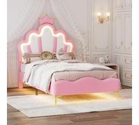 HYSZ 90 x 200 cm Cama de princesa plana en forma de corona, tapicería suave de piel sintética, tira de luz LED ajustable, color rosa