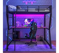 HYSZ Cama alta con escalera, cama de metal, cama alta, 140 x 200 cm, con luces LED, bandeja para consola de ordenador, escritorio, enchufe+USB, barandilla, escalera, sin colchón, negro