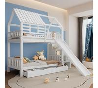 HYSZ Cama de madera, cama de casa, litera, escalera y tobogán, escalera con espacio de almacenamiento, marco de madera de pino y MDF, cama infantil con ventana y techo, con rejilla protectora y cajón