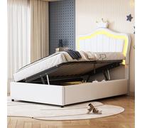 HYSZ Cama infantil, tapizada, con diseño de corona, con iluminación LED, cama de almacenamiento hidráulico, cabecero de altura ajustable, cama individual con somier, piel sintética, color blanco, 90 x