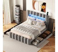 HYSZ Cama tapizada, cama doble, estructura de cama, 140 x 200 cm, 4 cajones, barra de luz LED con USB y sistema estéreo, color gris