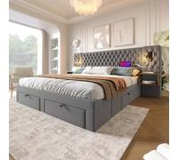HYSZ Cama tapizada, cama doble, estructura de cama, dormitorio, juego completo, con 2 mesitas de noche y 4 cajones, cabecero de luz de lectura con función de carga USB, gris, terciopelo, 160 x 200 cm