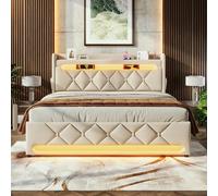 HYSZ Cama tapizada, cama doble, estructura de cama, espacio de almacenamiento, cabecero con puerto USB y puerto tipo C, función LED envolvente 360, camas con espacio de almacenamiento hidráulico