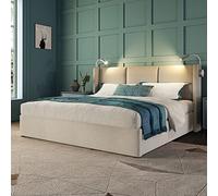 HYSZ Cama tapizada, cama doble, estructura de cama, espacio de almacenamiento, con función de carga USB, cabecero, de material de lino, cama juvenil con somier, 140 x 200 cm (con colchón)