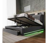 HYSZ Cama tapizada, cama doble, marco de cama, 140 x 190, hidráulico, tiroirs de Rangement 2 en 1 en Bout de, bandes lumineuses LED encastrées des Deux côtés du lit,sans matelas, terciopelo, gris