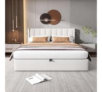 HYSZ Cama tapizada, cama doble, marco de cama, LED, binaural, 140 x 190 cm, hidráulico, puerto USB Rechargeable Dans le, Avec éclairage LED, tête de lit réglable, galet PU, blanco