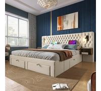 HYSZ Juego completo de cama tapizada, cama doble, con 2 mesitas de noche y 4 cajones, cabecero de luz de lectura con función de carga USB, color beige, terciopelo, 180 x 200 cm (sin colchón)