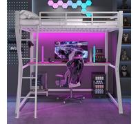HYSZ Litera, cama de metal, cama alta, 140 x 200 cm, con luces LED, bandeja para consola de ordenador, escritorio, enchufe+USB, barandilla, escalera, sin colchón, color blanco