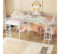 HYSZ Litera, cama de metal, cama doble, 90 x 200 cm, cama alta, dos literas, mesa debajo de la cama, escalera doble, barandilla alta, color blanco