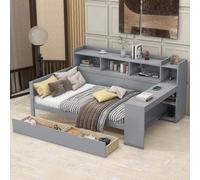 HYSZ Sofá cama diván cama cama 90 x 200 cm, mesita de noche y bandeja debajo de la mesa, cama con enchufe y puerto USB, 2 cajones, escritorio, sin colchón, tablero de partículas, gris