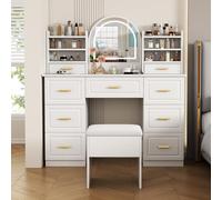 HYSZ Tocador con espejo e iluminación LED - Mesa cosmética con 9 cajones, tocador para dormitorio y sala de estar, color blanco, 120 x 40 x 135 cm