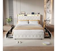 HYTKKBD Cama acolchada de matrimonio, 140 x 200 cm, cama baúl con 4 cajones contenedor, estructura de cama con LED y USB, somier de láminas de madera, sin colchón, beige