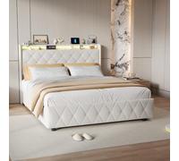 HYTKKBD Cama acolchada de matrimonio, 160 x 200 cm, cama baúl con 4 cajones contenedor, estructura de cama con LED y USB, somier de láminas de madera, sin colchón, beige