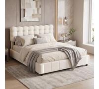 HYTKKBD Cama acolchada de matrimonio de 140 x 200 cm, cama de matrimonio con almacenamiento, iluminación LED con sensor, estructura de listones acolchados, cama baúl moderna, terciopelo beige