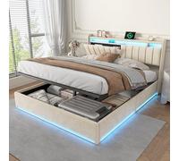 HYTKKBD Cama de matrimonio acolchada, 140 x 200 cm, cama baúl con LED y USB, estructura de cama con contenedor y cabecero, somier de láminas de madera, sin colchón, beige