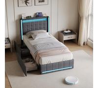 HYTKKBD Cama individual acolchada, cama baúl 90 x 200 cm, camas individuales con LED y USB, estructura de cama con contenedor y cabecero, somier de láminas de madera, sin colchón, gris (G-Gris, 90 x
