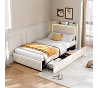 HYTKKBD Cama individual, baúl de 90 x 200 cm, estructura de camas con 2 cajones, camas individuales con LED y carga USB, somier de láminas de madera, sin colchón, blanco terciopelo