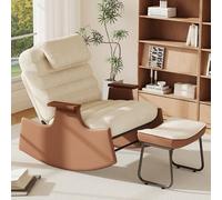 HYTKKBD Sillón mecedora sillón relax con taburete y reposacabezas ajustables, silla de madera de hevea con respaldo regulable en 3 posiciones, tejido de lana de cordero, beige