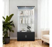HYTKKBD Vitrina moderna de cristal con iluminación LED, armario de vitrina con 3 estantes de cristal y espacio de almacenamiento, vitrina coleccionable, armario de exhibición para salón (negro