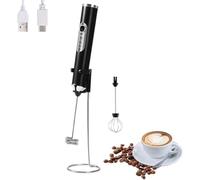HYTTER - Espumador de leche eléctrico portátil con 2 cabezas, batidor de espuma con USB recargable de 3 velocidades, mezclador de espuma para latte, capuchino, chocolate caliente (Negro con soporte)