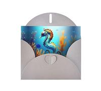 HYTTER Tarjeta de felicitación de papel perlado de caballito de mar de coral con fondo marino gris, perfecta para Navidad, cumpleaños y mucho más. 4 x 6 pulgadas