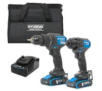 Hyundai Juego de taladro inalámbrico de 20 V, taladro de martillo de 60 Nm y destornillador de impacto de 230 Nm, kit sin escobillas con 2 baterías de 2.0 Ah, cargador de 2 A