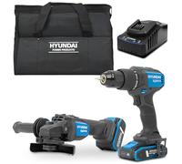 Hyundai Kit de herramientas inalámbricas de 20 V, taladro de martillo sin escobillas de 60 Nm, amoladora angular de 115 mm, baterías de 2.0 Ah y 4.0 Ah, cargador