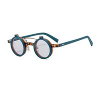 HYYZZC Gafas de sol estilo punk con doble puente, pequeñas y redondas, a la moda, estilo retro, con lentes abatibles y UV400, con remaches para hombre, color verde y gris claro, talla única.
