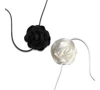 HZAOPZE 2 pcs Collar Flores Mujer, Collar de Rosas Flores Cadena Ajustable Collares de Flores Tela Collar Terciopelo con Flor para Mujeres Niñas Novia Boda Fiesta Cumpleaños(Blanco y Negro)