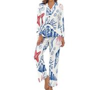 HZCRAES Conjunto De Pijama De Mujer Estrellas De Mar Y Conchas Pintadas A Mano De Manga Larga con Botones para Mujer Ropa De Dormir Ropa De Dormir Suave Transpirable Conjunto De Pijama De Casa Pjs