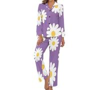 HZCRAES Pijama Cómodo para Mujer, Conjunto De Pijama para Mujer, Estampado Margarita Sencilla Y Linda, Manga Larga, Ropa De Descanso Pantalones De Pierna Ancha, Conjunto De Ropa De Dormir Suave