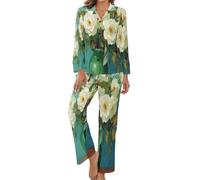 HZCRAES Pijama Mujer De Suave Conjunto De Pijama Largo Mujer De 2 Piezas Dormir De Manga Larga Conjunto Pijamas Pintura Al Óleo Vintage Una Rosa Blanca Estampado En Cuello En V Casual Ropa De Casa