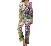 HZCRAES Pijama Mujer De Tallas Grandes Conjunto De Pijama Largo Mujer De 2 Piezas Dormir De Manga Larga Botones Pintura Al Óleo De Pradera Floral Estampado En Cuello En V Casual Ropa De Casa