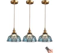 HZCVSG Battery Operated Pendant Light with Blue Stained Glass, Remote Control & USB Charging - Elegant Kitchen, Dining Room and Hall Decor